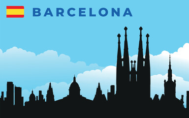 Fototapeta premium Black silhouette of Barcelona city skyline with text and flag. Vector on the background of blue sky and white clouds