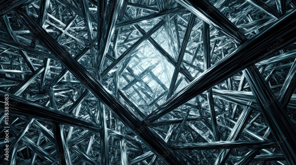 Poster abstract geometric patterns of metallic structures with intricate lines and shapes illuminated from 