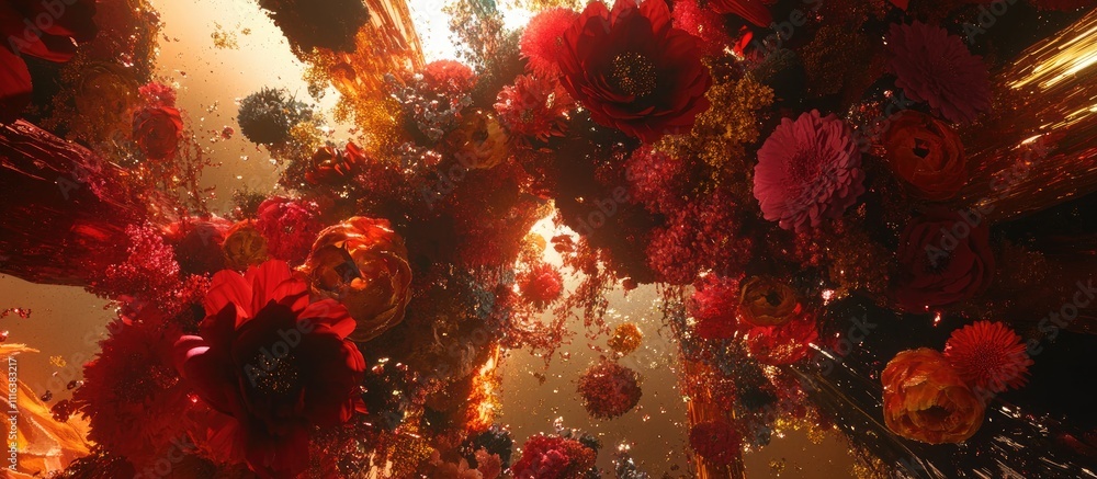 Poster vibrant floral explosion with a captivating array of colorful flowers and luminous details in an enc