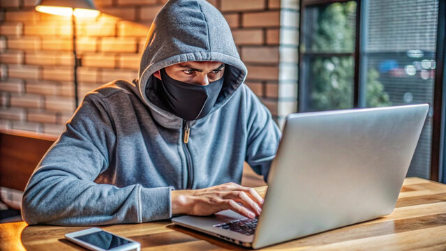 Focused individual in hoodie typing on laptop in a modern cafe setting, highlighting themes of anonymity, technology, and contemporary work culture