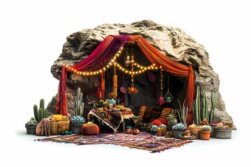 Cozy Desert Cave Setup with Colorful Textiles and Green Plants
