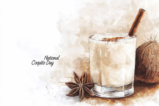 National Coquito Day celebration with a watercolor illustration of a glass of coquito topped with cinnamon sticks and creamy garnish on a light background.