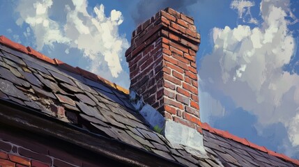 Collapsing brick chimney on an aged rooftop under a dramatic blue sky with clouds showcasing decay and weathering over time.