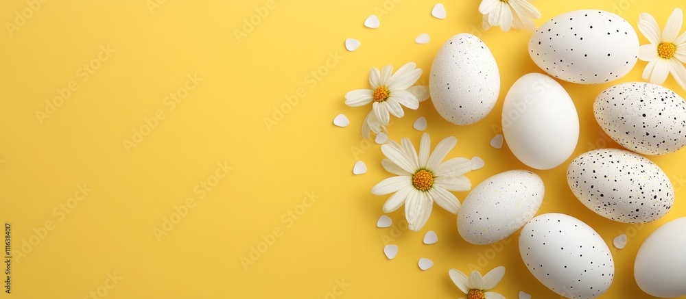 Poster spring flowers and decorative eggs arranged on a bright yellow background with ample copy space for 