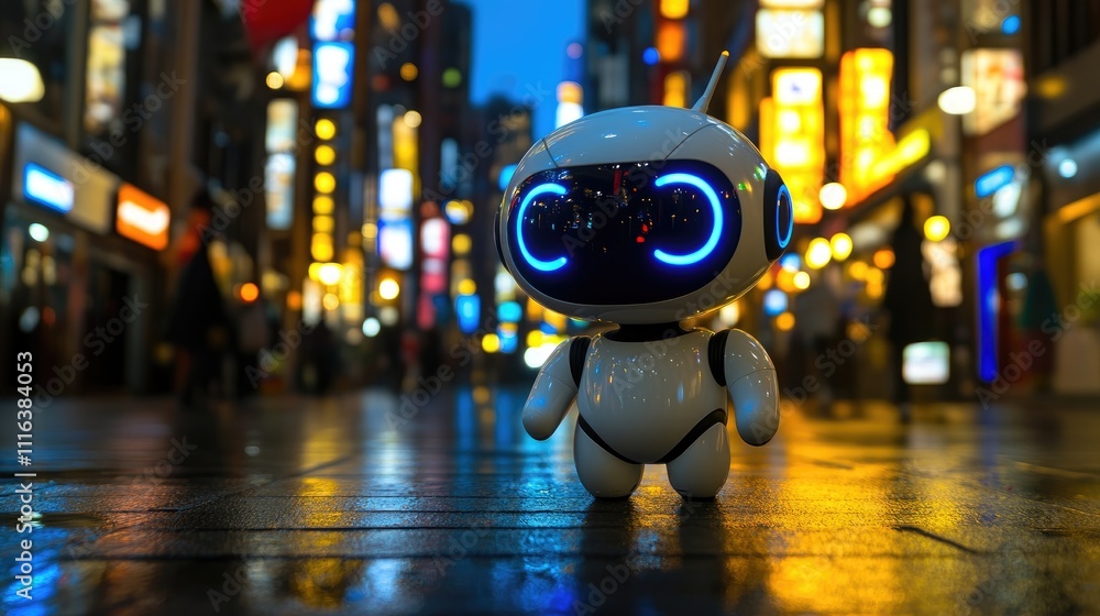 Poster ai chatbot character in vibrant city setting illuminated by neon lights reflecting on wet pavement s