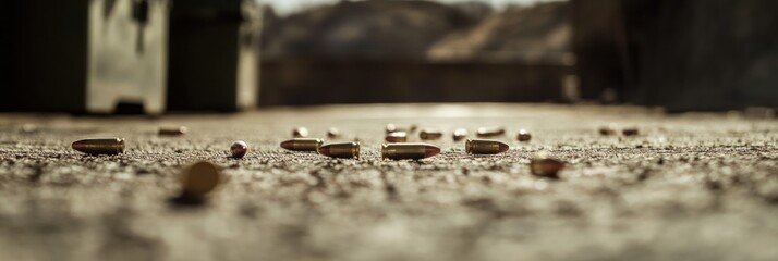 A close-up view of scattered bullets on a concrete surface, suggesting a shooting range or conflict.