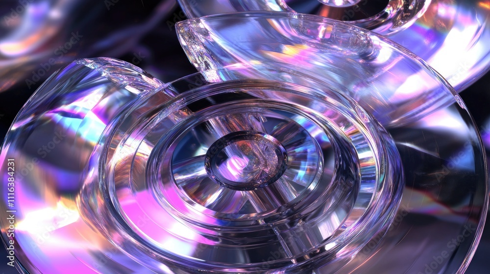 Poster abstract close-up of transparent cd discs reflecting light in a colorful spectrum showcasing optical