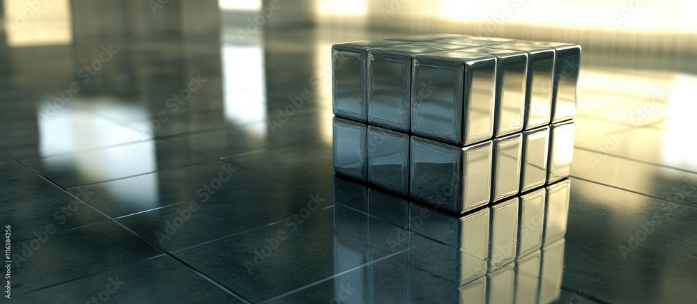 Aufkleber reflective metal number cube on a polished floor showcasing symmetry and light interplay with reflec