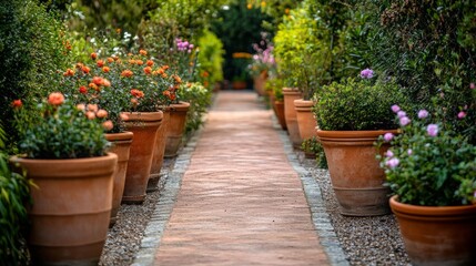 Fototapeta premium beautiful garden full of pots with flowers surrounding a path