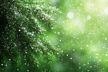 Obraz premium Close-up of evergreen tree branches with snowflakes falling gently on a blurred green background, winter atmosphere.