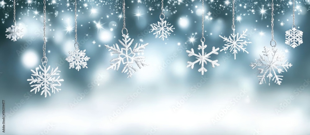 Poster holiday abstract blue backdrop with sparkling lights snowflakes and blurred bokeh creating a magical