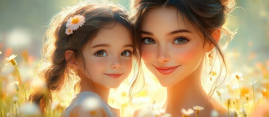 Mother and daughter smiling together in a field of flowers celebrating love and unity on Mother's Day in a warm, joyful atmosphere