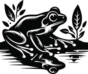 Obraz premium Frog silhouette vector black and white illustration on a white background