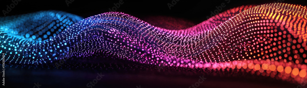 Poster a vibrant, abstract wave of colorful light dots, creating a mesmerizing visual effect against a dark