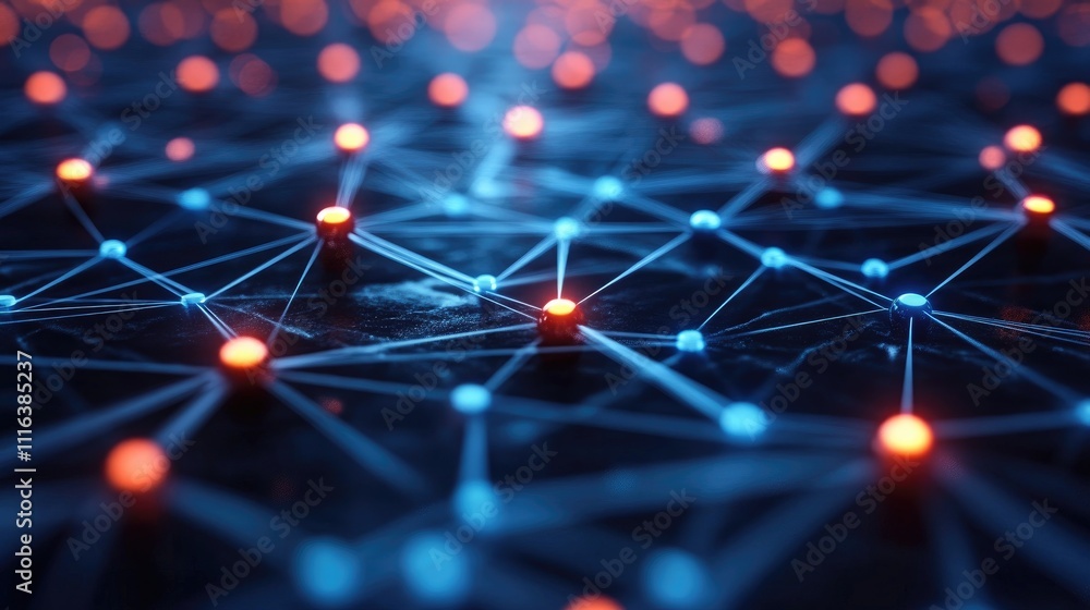 Poster global networking technology concept with interconnected nodes and vibrant lighting effects represen