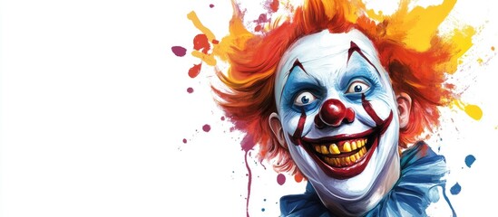 Whimsical clown with vibrant hair and colorful splashes against white background for playful and festive themes