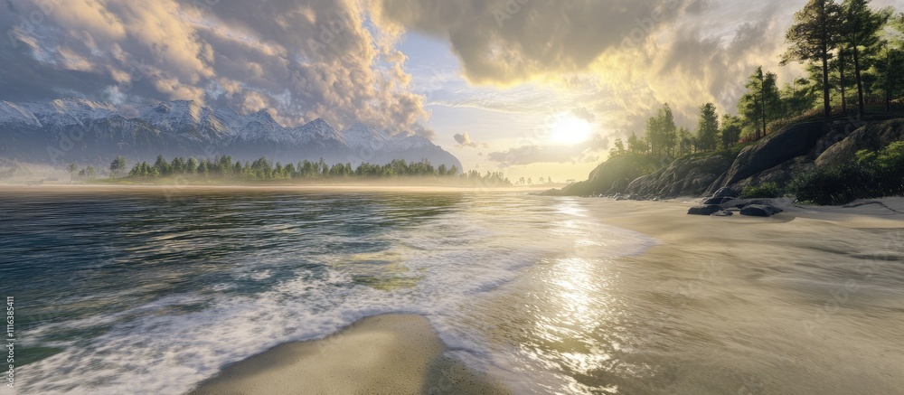 Poster serene beach landscape with sun setting behind mountains and gentle waves lapping on the shore creat