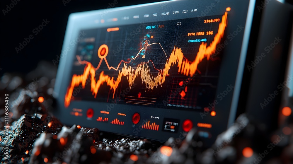 Poster seismograph monitoring earthquake tremors and with intricate data visualizations analyzing the cause