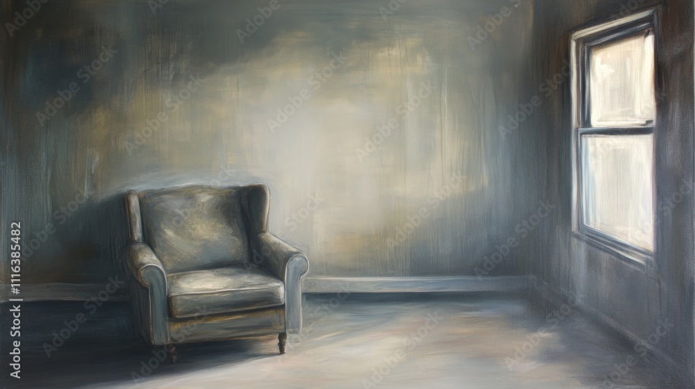 Poster elegant grey armchair in a serene white room with soft lighting creating a calm and inviting atmosph