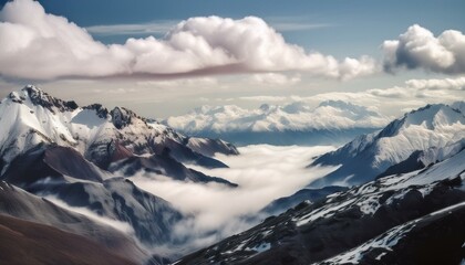 Naklejka premium 산꼭대기 풍경 눈으로 덮인 산봉우리와 그 아래로 펼쳐진 운해