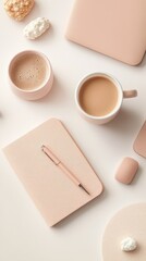 Obraz premium Serene Chic Workspace: Minimalist Desk Setup in Soft Beige and Pink Tones