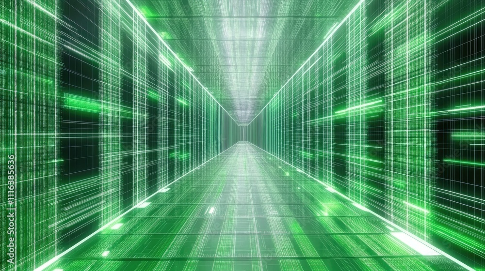 Poster digital data processing in a futuristic green corridor representing global connectivity and advanced