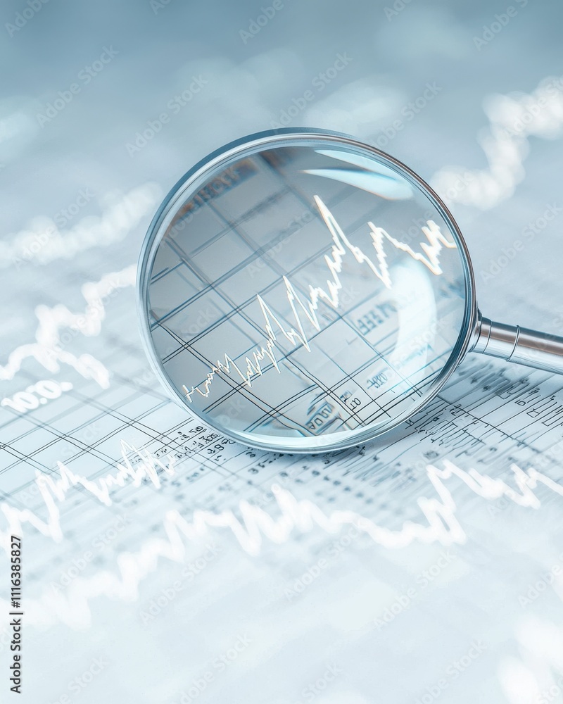 Poster analyzing financial trends with magnifying glass on graphs office data visualization professional en