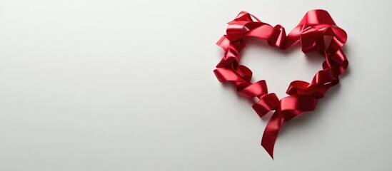 Fototapeta premium Heart shape crafted from red satin ribbon on a clean white background ideal for romantic and festive themes in advertising and design.