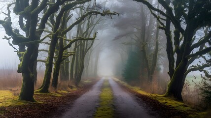 Obraz premium Mystic Autumn Road Through Foggy Forest