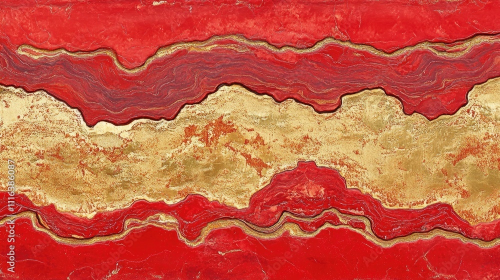 Poster vibrant abstract design with bold red and gold tones emulating natural textures and patterns suitabl