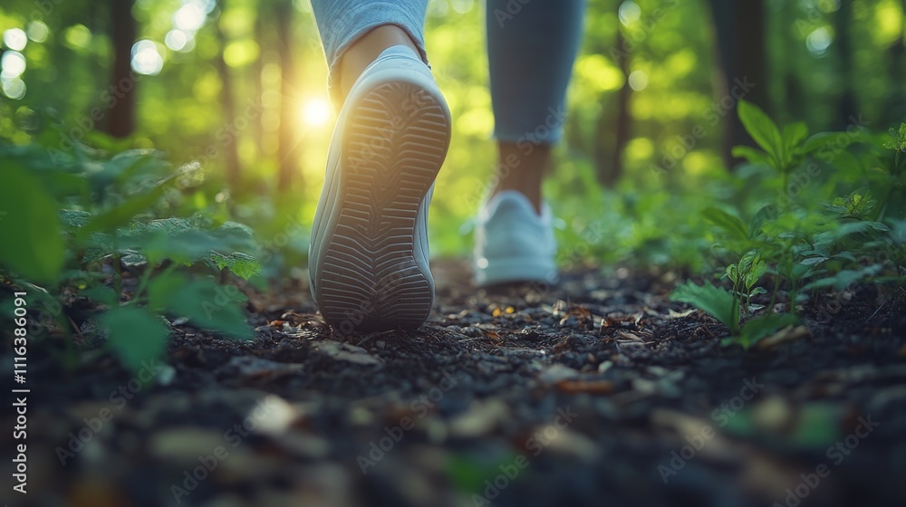 Aufkleber a person walks along a dirt path in the forest, surrounded by lush greenery and illuminated by soft 
