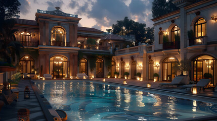 Fototapeta premium Nighttime 3D Illustration of Luxurious Mansion with Pool