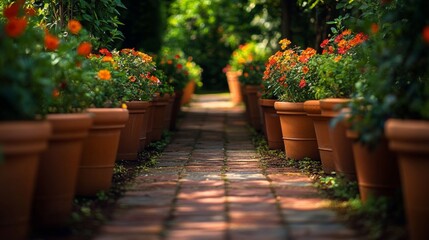 Obraz premium beautiful garden full of pots with flowers surrounding a path