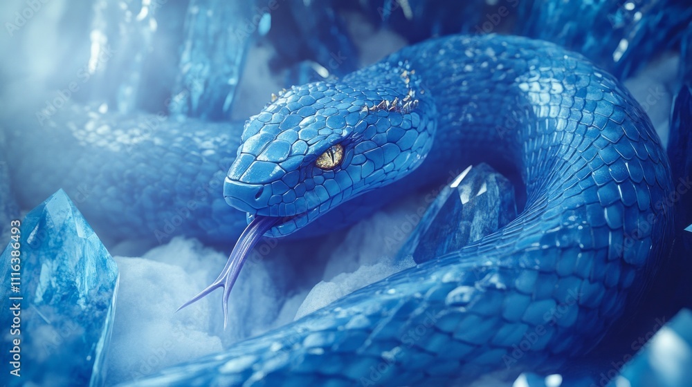 Poster a mesmerizing blue serpent rests gracefully among sparkling crystals in a dimly lit cave. its scales
