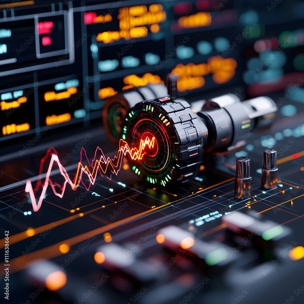 Poster futuristic seismograph tracking complex waveforms and seismic data of an imminent earthquake