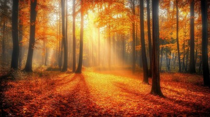 Fototapeta premium A serene autumn forest bathed in golden sunlight and fallen leaves.