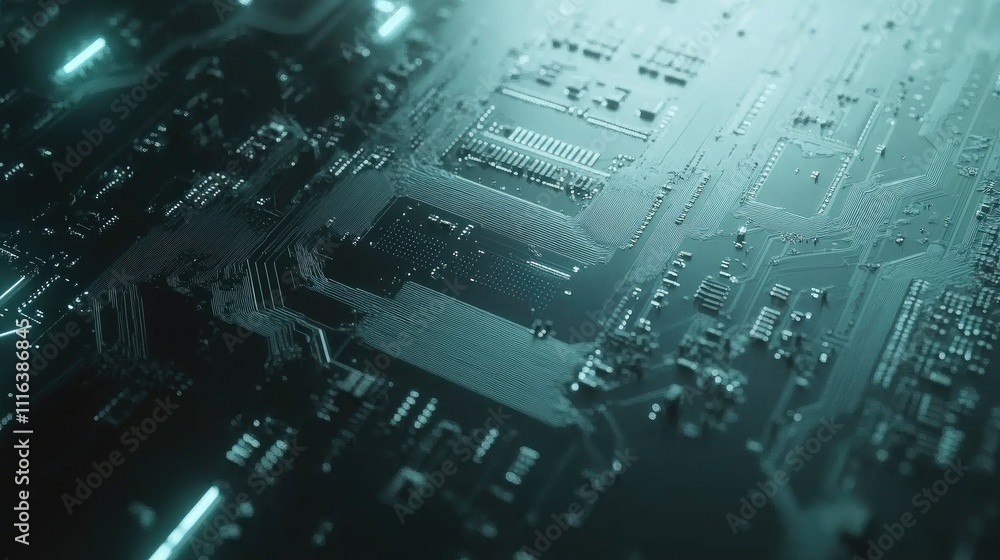 Poster futuristic close up of a printed computer motherboard with glowing microcircuits and intricate elect