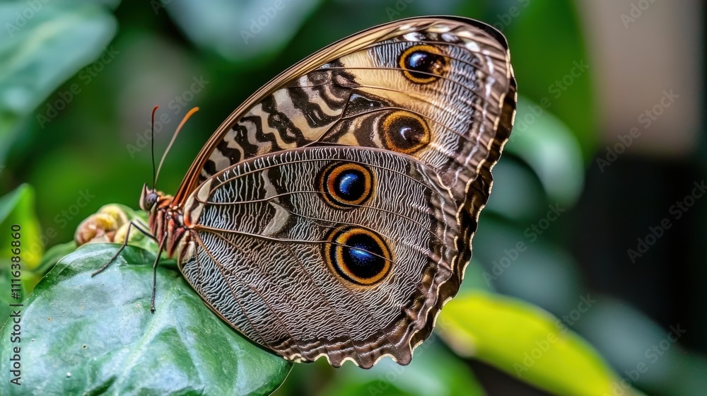 Poster Close-Up View of a Beautiful Butterfly with Unique Eye Patterns Resting on a Green Leaf Surrounded by Lush Foliage in a Natural Habitat Setting