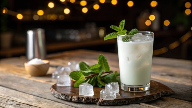 Ayran drink with mint and ice in a glass on a rustic wooden table