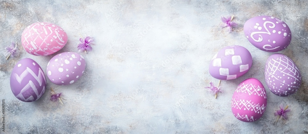 Poster violet easter eggs arrangement on a textured white backdrop with flowers and space for your custom g