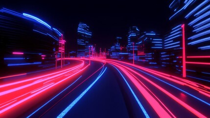Obraz premium Neon Cityscape with Bright Light Trails and Urban Skyline Night