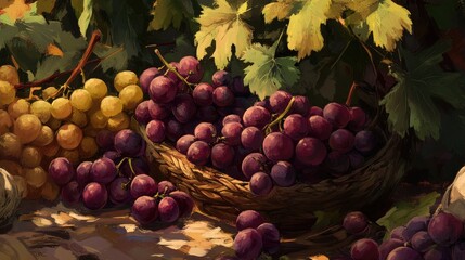 Fototapeta premium Vibrant assortment of grapes in a woven basket surrounded by lush green leaves conveying abundance and harvest theme