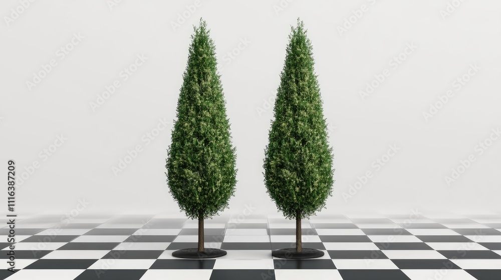 Poster tall green trees on a checkered background showcasing summer foliage suitable for print and web desi