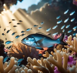 Fototapeta premium Sea Coral Turtle Underwater World Top view