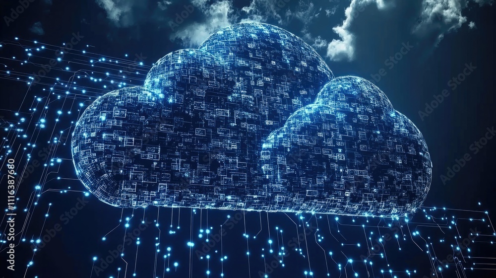 Poster data upload illustrating cloud and edge computing technologies with cybersecurity concepts and abstr