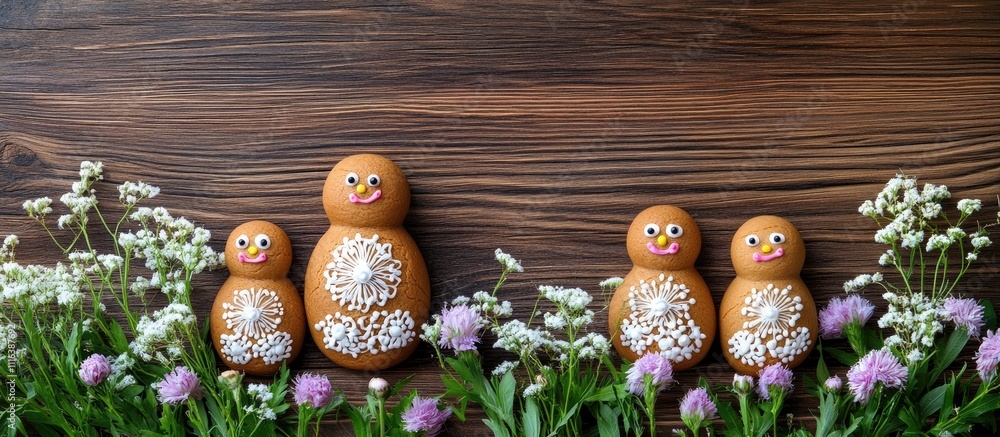 Poster homemade gingerbread nesting dolls displayed with flowers on wooden table creating a delightful fest