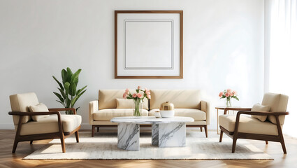 Fototapeta premium Modern interior design with light empty mock-up wall and gray furniture, loft and vintage of living room. beautiful soft sofa, table with green plant in pot, round carpet