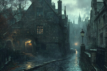 Fototapeta premium Rainy night in a historic stone street.