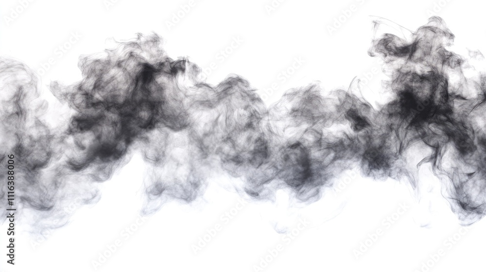Poster gray smoke billowing in a dynamic swirling pattern isolated on white background creating a dramatic 