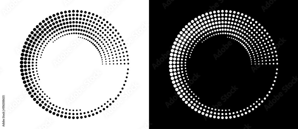 Aufkleber Modern abstract background. Halftone dots in spiral. Round logo. Vector dotted frame. Design element or icon. Black shape on a white background and the same white shape on the black side.
